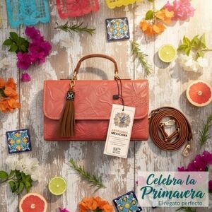 Coral Pink Sunflower Embossed Tooled Artisan LEATHER Crossbody Handbag Purse